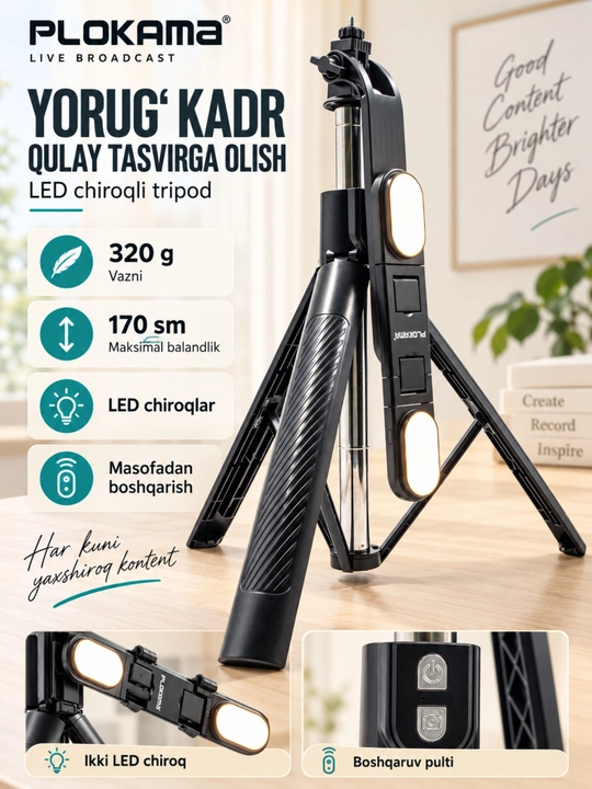 Premium selfi tayoq tripod masofadan boshqarish pulti telefon uchun kop funksiyali shtativ - 