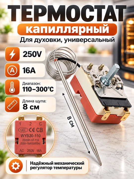 Термостат для духовки WYB30-110, капиллярный терморегулятор 110–300°C, 16A - 