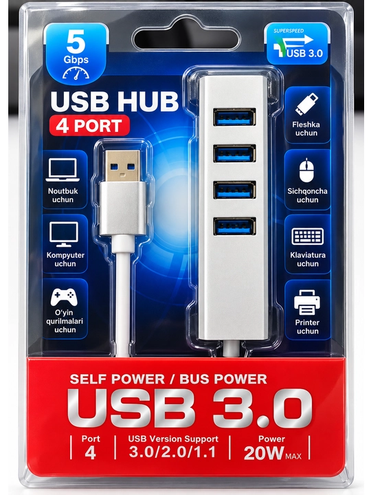 USB HUB 3.0, 4 portli, 5 Gbps gacha tezlik