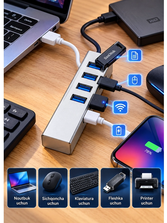 USB HUB 3.0, 4 порта, скорость до 5 Гбит/с - 