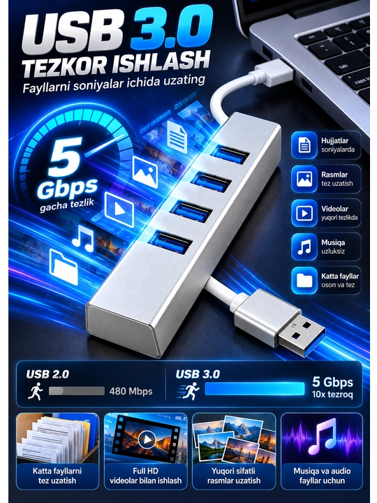 USB HUB 3.0, 4 portli, 5 Gbps gacha tezlik