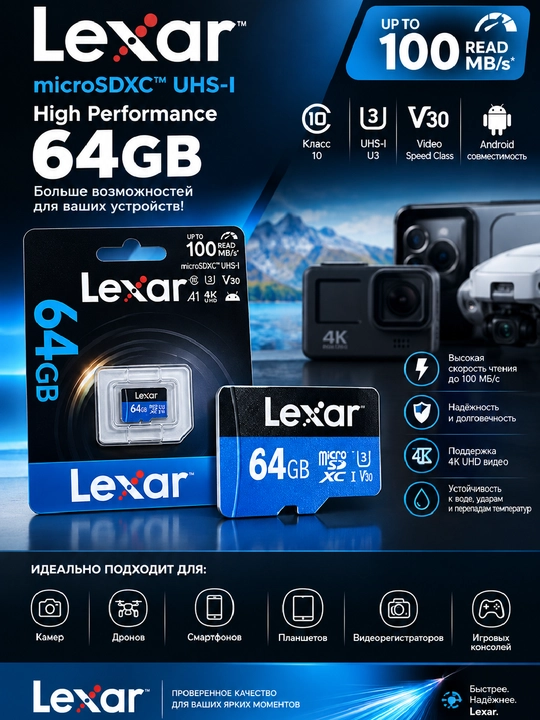 MicroSD Lexar 633x 32,64,128,256 GB xotira kartasi - 