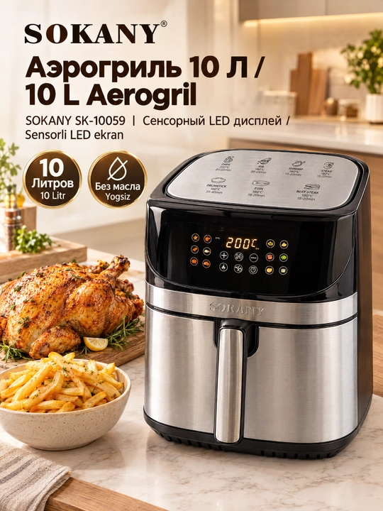 Аэрофритюрница SOKANY SK-10059, 10 л, сенсорный дисплей, автоматические программы - 