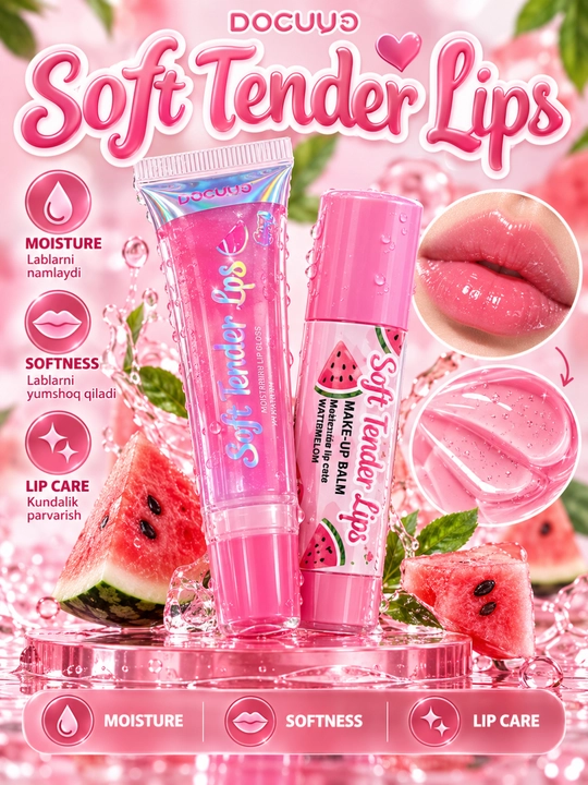 DOCUYO Soft Tender Lips Watermelon — блеск и увлажняющий бальзам для губ