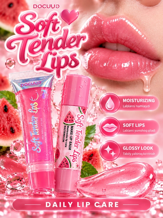 DOCUYO Soft Tender Lips Watermelon — блеск и увлажняющий бальзам для губ