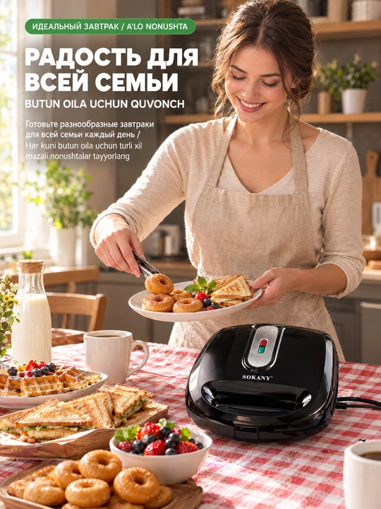Мультипекарь SOKANY SK-908 6 в 1, смена панели, антипригарное покрытие для завтрака