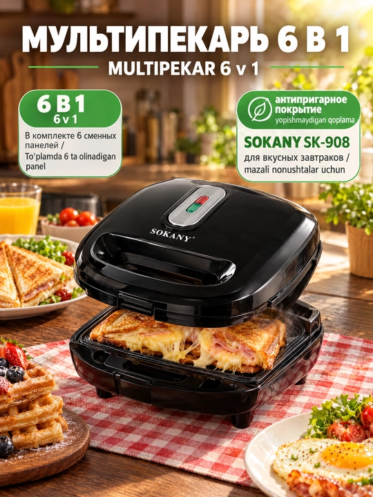 Мультипекарь SOKANY SK-908 6 в 1, смена панели, антипригарное покрытие для завтрака - 