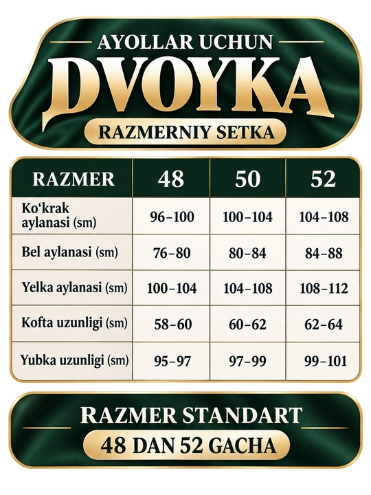 Ayollar uchun sportivkali va uzun yubkali dvoyka, razmer standart 48–52