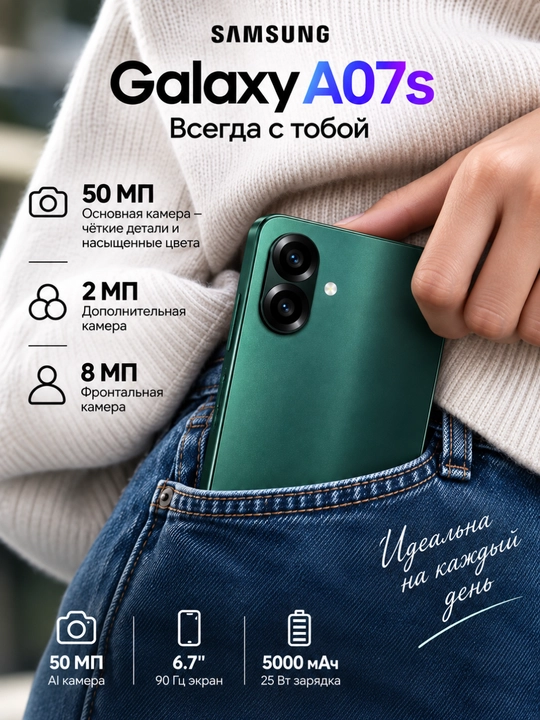 Smartfon Samsung Galaxy A07s 6.7" LCD 90Hz display 5000 mAh batareya
