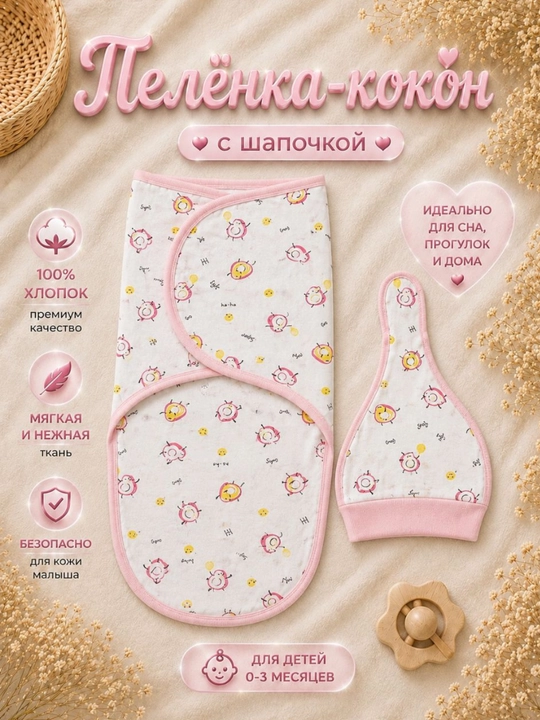 Кокон + шапка для новорождённых, 0-3 месяцев, стандарт, интерлок - 