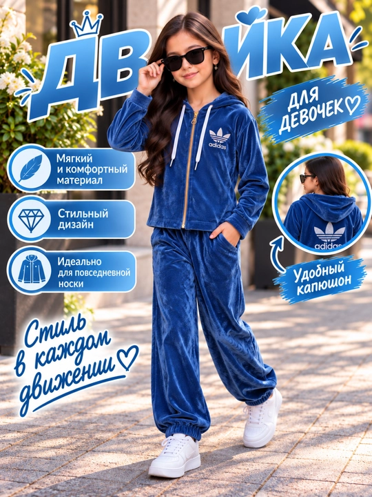 Велюровый костюм для девочки, 8-12 лет, двойка, спортивка с капюшоном на молнии - 