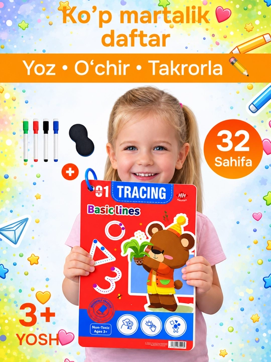 Bolalar uchun ko‘p martali sehrli yozuv daftari, 3+ - yozishni o‘rgatish, husnixat