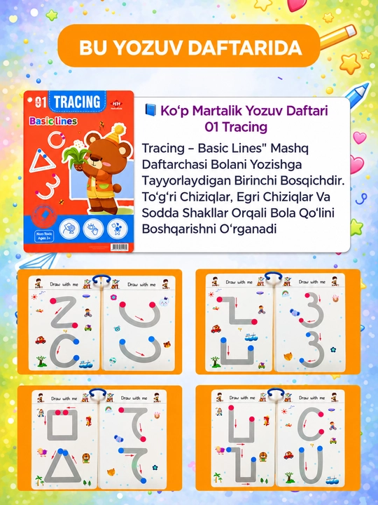 Bolalar uchun ko‘p martali sehrli yozuv daftari, 3+ - yozishni o‘rgatish, husnixat