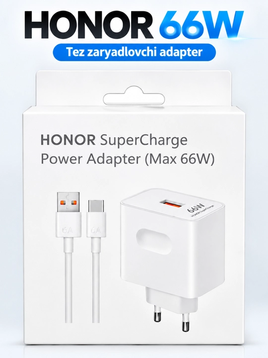 Huawei Honor 66W tez zaryadlovchi adapter, USB 6A, USB-C kabel, SuperCharge, oq rang - 