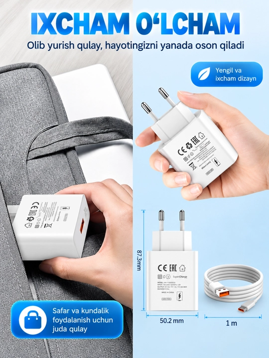 Huawei Honor 66W tez zaryadlovchi adapter, USB 6A, USB-C kabel, SuperCharge, oq rang