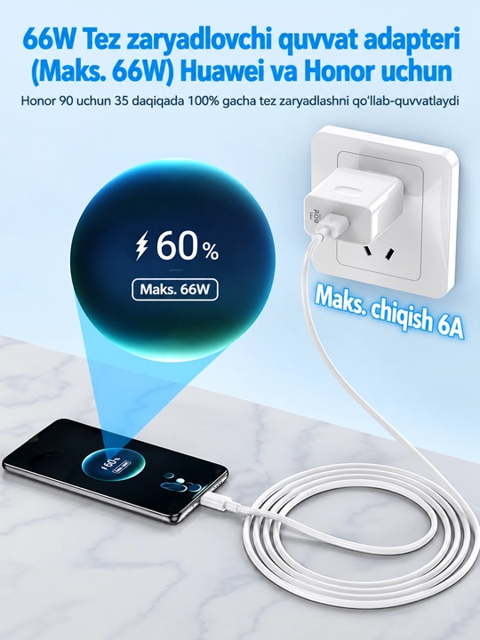 Huawei Honor 66W tez zaryadlovchi adapter, USB 6A, USB-C kabel, SuperCharge, oq rang