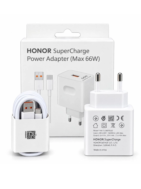 Huawei Honor 66W tez zaryadlovchi adapter, USB 6A, USB-C kabel, SuperCharge, oq rang