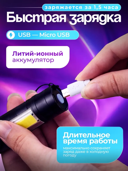 Akkumulyatorli LED fonar 3 rejimli COB yoritgichli va g‘ilofli