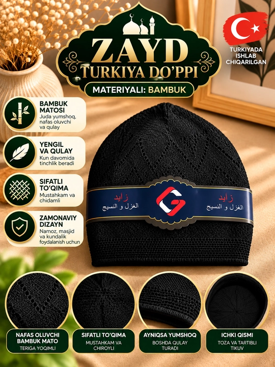 Zayd Turkiya do‘ppisi, doppilar, yumshoq erkaklar do‘ppisi, namoz uchun bosh kiyim - 
