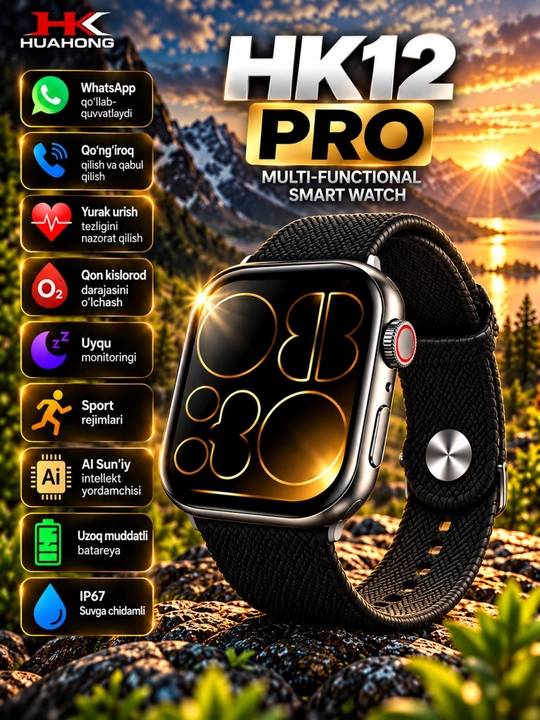 HK12 Pro Smart Watch — aqlli soat, qo‘ng‘iroq va bildirishnomalar, IP67 - 