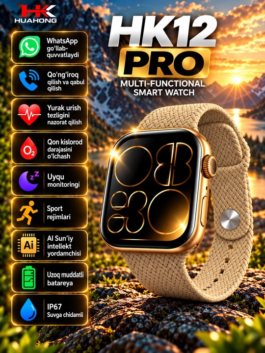 HK12 Pro Smart Watch — aqlli soat, qo‘ng‘iroq va bildirishnomalar, IP67 - 