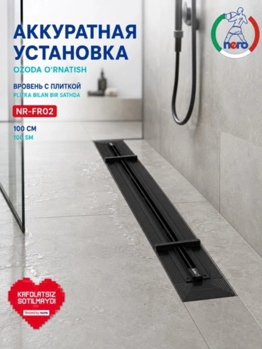 Nero NR-FR02 chiziqli dush trapi, 100 sm, qora rang, 2 xil ulash usuli bilan