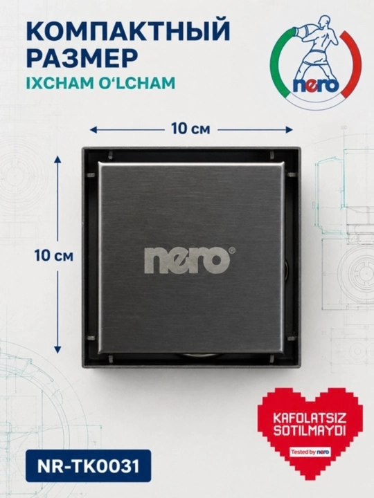 Nero NR-TK0031 kafel uchun dush trapi, 10×10 sm, qurol po‘lati rang