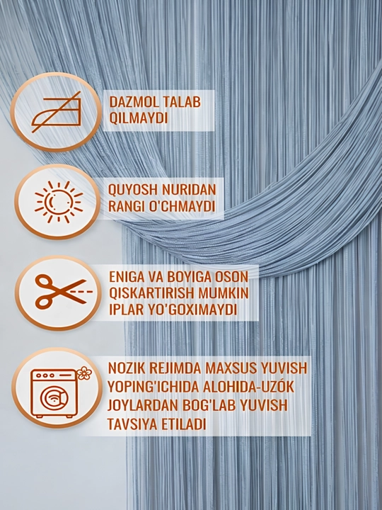 Ipdan to‘qilgan pardalar, turli ranglarda, o‘lchami 300 sm ga 300 sm