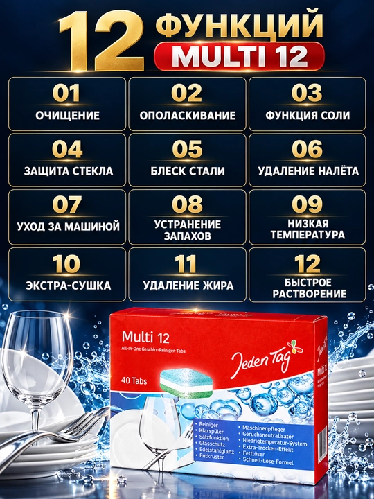 Таблетки для посудомоечной машины Jeden Tag Multi 5 / Multi 12, 40 или 60 шт