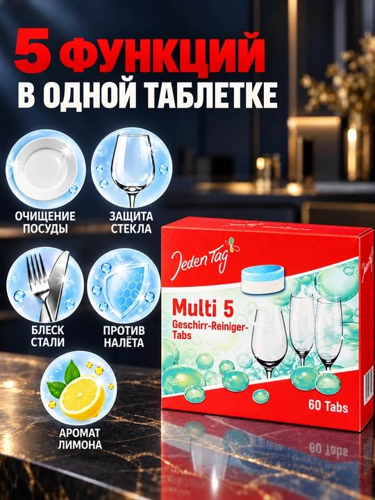 Idish yuvish mashinasi uchun tabletkalar Jeden Tag Multi 5 / Multi 12, 40 yoki 60 dona - 