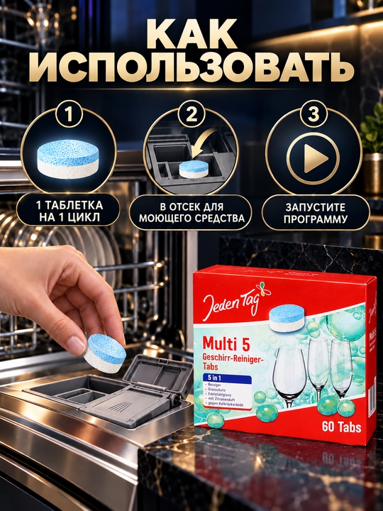 Idish yuvish mashinasi uchun tabletkalar Jeden Tag Multi 5 / Multi 12, 40 yoki 60 dona