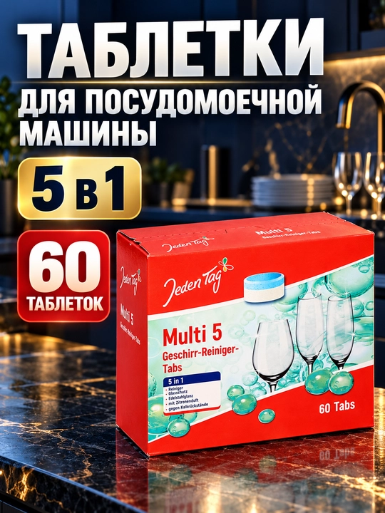 Idish yuvish mashinasi uchun tabletkalar Jeden Tag Multi 5 / Multi 12, 40 yoki 60 dona