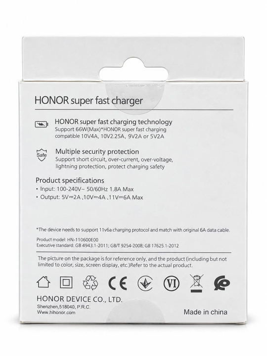 Huawei Honor 66W tez zaryadlovchi adapter, USB 6A, USB-C kabel, SuperCharge, oq rang