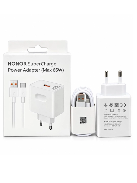 Huawei Honor 66W tez zaryadlovchi adapter, USB 6A, USB-C kabel, SuperCharge, oq rang