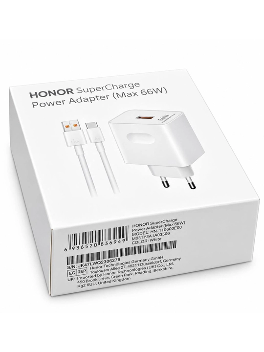 Huawei Honor 66W tez zaryadlovchi adapter, USB 6A, USB-C kabel, SuperCharge, oq rang