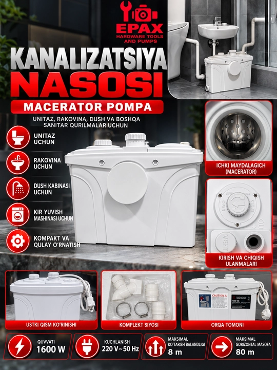 Kanalizatsiya nasosi Macerator 1600 W, 220 V, 50 Hz, vertikal 8 m, gorizontal 80 m - 