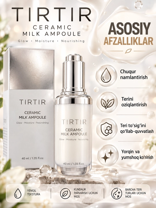 TIRTIR Ceramic Milk Ampoule yuz uchun namlantiruvchi va oziqlantiruvchi ampula, 40 ml