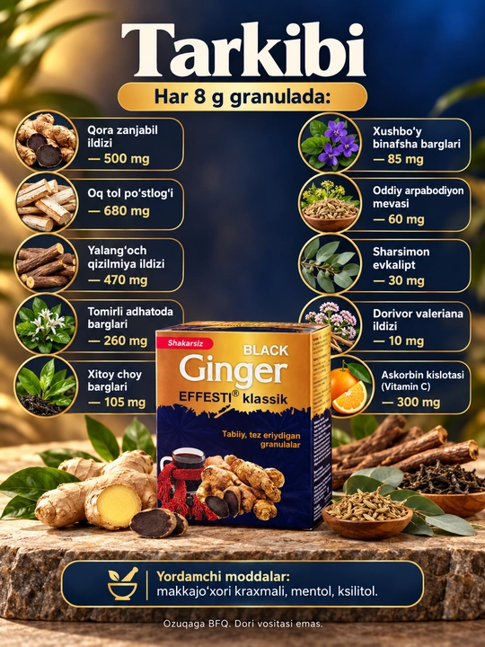 Tez eriydigan granula Effesti klassik Black Ginger, C vitamini bilan, 6 × 8 g