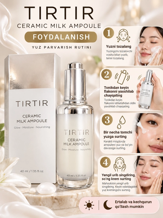 TIRTIR Ceramic Milk Ampoule yuz uchun namlantiruvchi va oziqlantiruvchi ampula, 40 ml