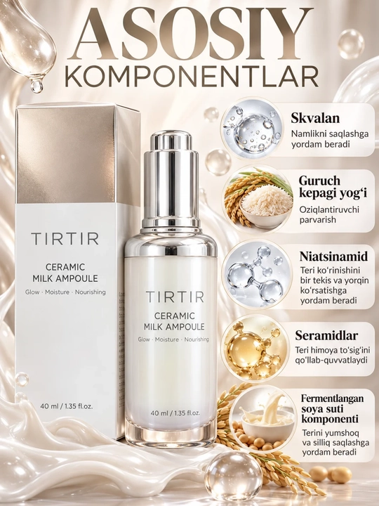 TIRTIR Ceramic Milk Ampoule yuz uchun namlantiruvchi va oziqlantiruvchi ampula, 40 ml