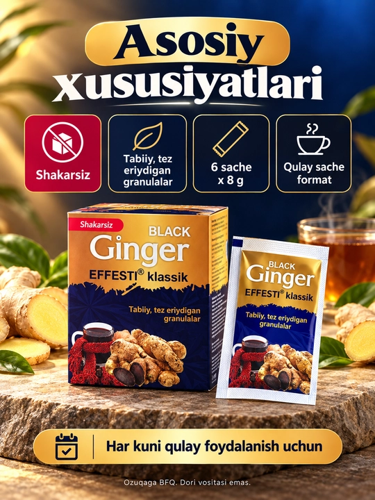 Tez eriydigan granula Effesti klassik Black Ginger, C vitamini bilan, 6 × 8 g