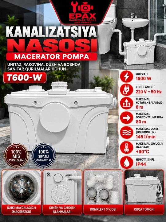 1600 Vt quvvatli T600-W kanalizatsiya nasosi, daqiqasiga 145 litr, bosimi 8 metr, maydalagich-nasos - 