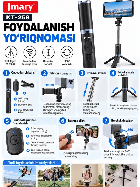 Premium selfi tayoq tripod masofadan boshqarish pulti telefon uchun kop funksiyali shtativ