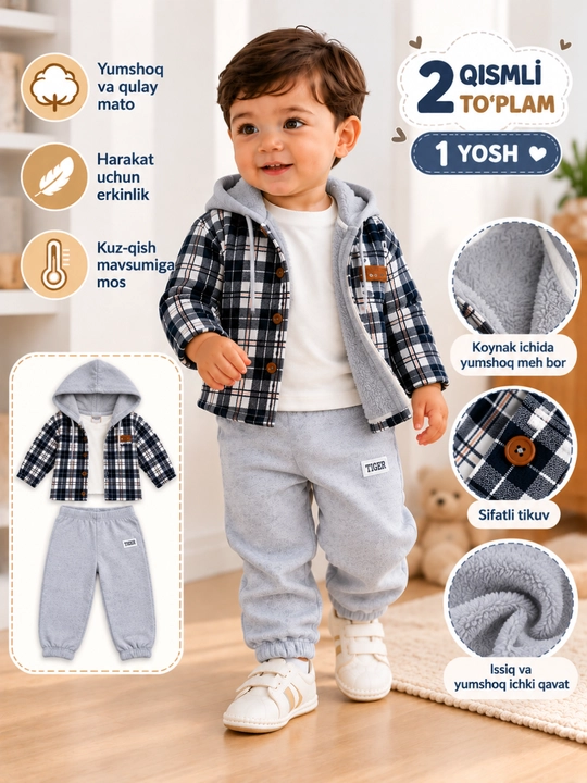 1 yosh bola uchun 2 qismli nachosli koynak va shalvar  komplekt qalin mehli koylak