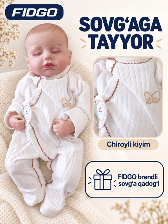 Kiyim kiygan FIDGO Reborn silikon qo‘g‘irchog‘i, sovg‘a qadog‘i