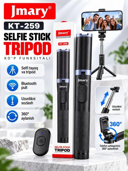 Premium selfi tayoq tripod masofadan boshqarish pulti telefon uchun kop funksiyali shtativ