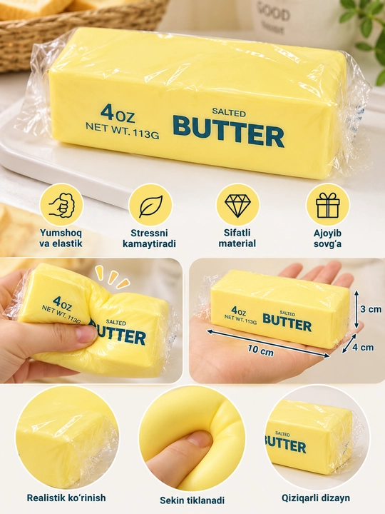 Butter Squishy sariyog‘ ko‘rinishidagi antistress squishy o‘yinchoq, yumshoq, elastik