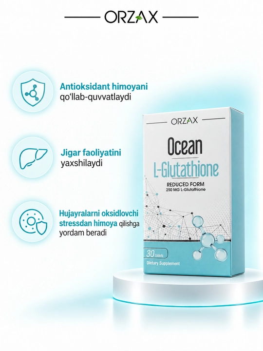 Ocean L-Glutathione — L-глутатион 250 мг, антиоксидант и поддержка детокса, №30, Халяль