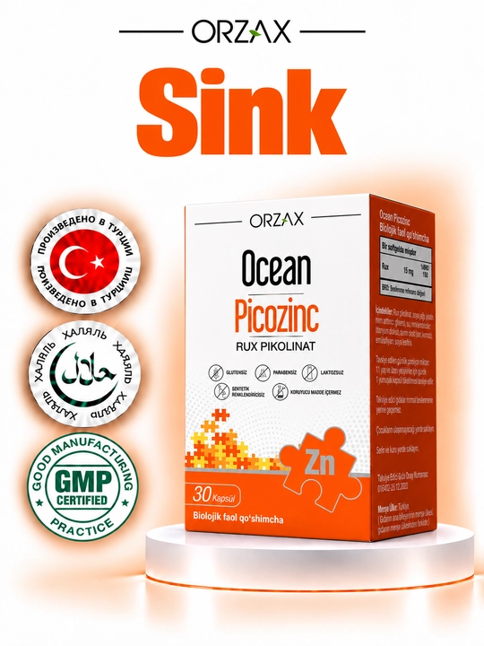 Sink Ocean PICOZINC — 15 mg, immunitet, teri, soch va tirnoqlar uchun,(30tabletka ), Halol - 