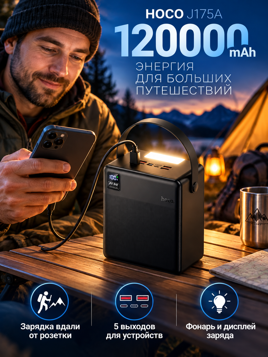HOCO J175A poverbank, 120000 mAh, 22,5 Vt, fonar va displey